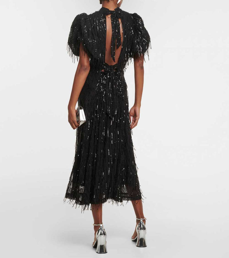 Rent the Black Sequinned Puff Sleeve Midi Dress by Rotate Birger Christensen at Rites