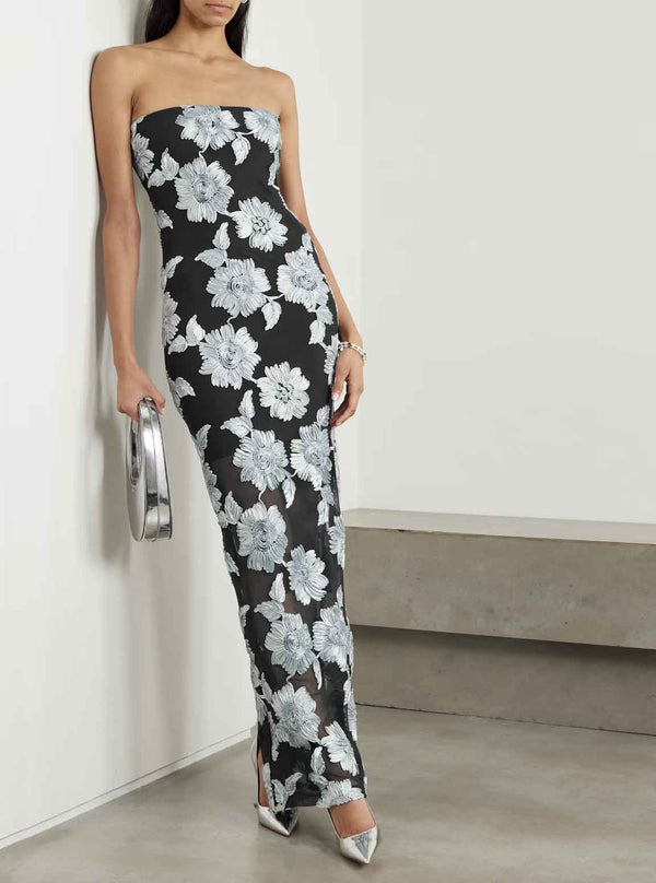 Rent the Rotate Birger Christensen Strapless Mesh Maxi Dress in floral applique at Rites