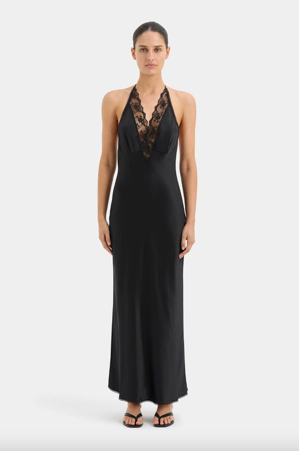 Rent the Sir the Label black silk Aries Lace-Trimmed Halter Dress at Rites