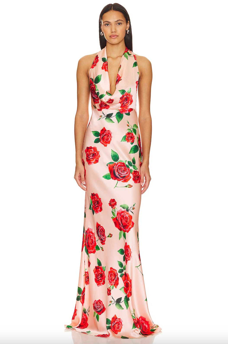 Rent the Presley Satin Gown in rose print by Sau Lee at Rites