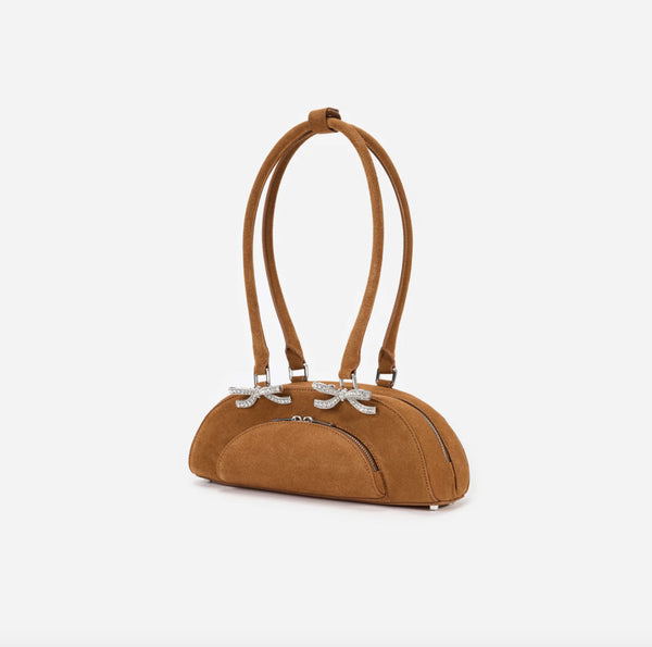 Shop the Self Portrait Curved Shoulder Bag in brown suede at Rites London