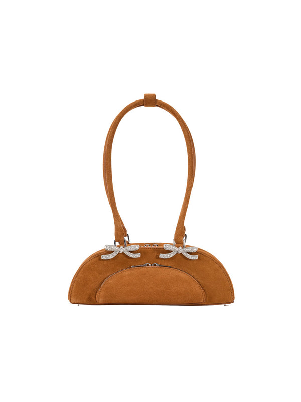 Shop the Self Portrait Brown Suede Curved Shoulder Bag at Rites London