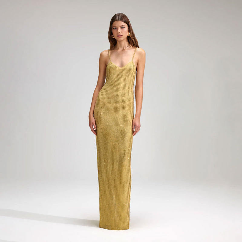 self portrait gold dress Rent Self Portrait Yellow Rhinestone Mesh Maxi Dress