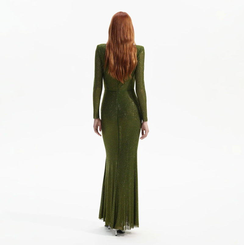 Rent the Self Portrait Crystal Maxi Dress in olive green mesh at Rites