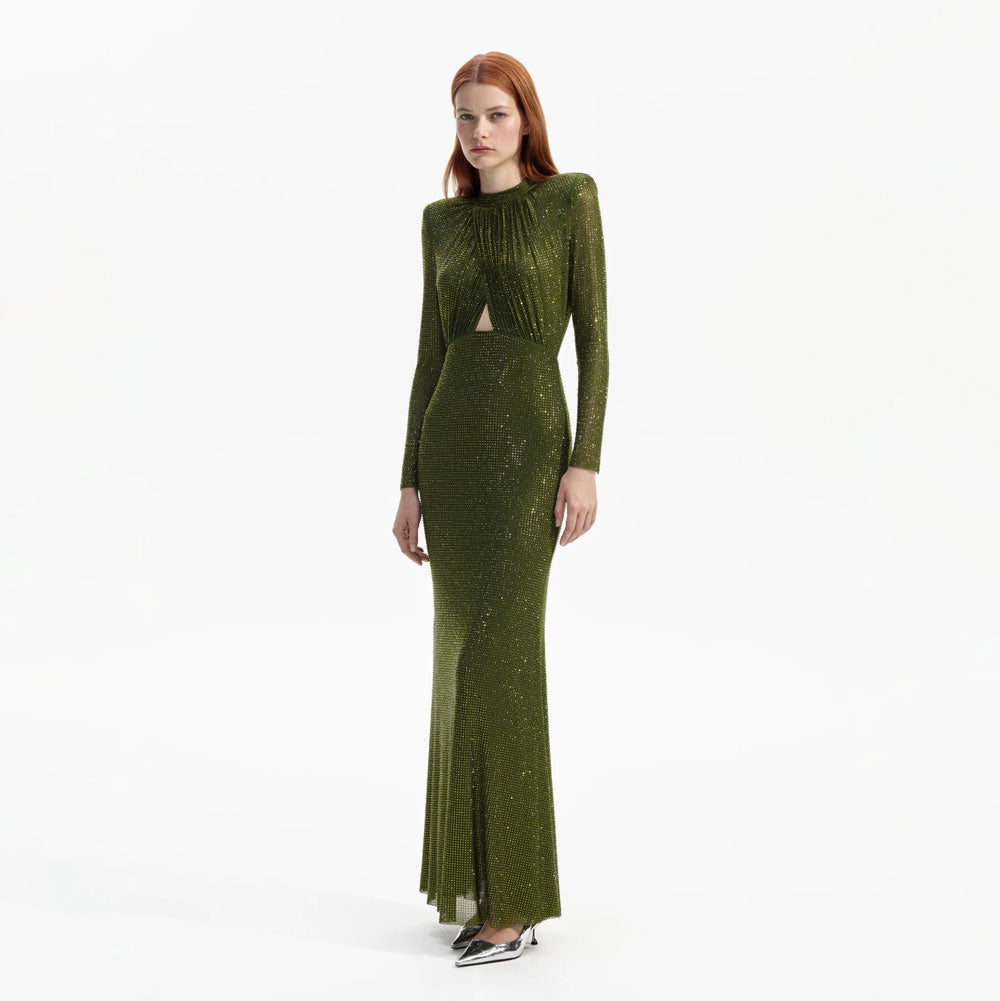 Rent Self Portrait Olive Green Crystal Maxi Dress | Rites London Rent Self Portrait Olive Green Crystal Maxi Dress | Rites London