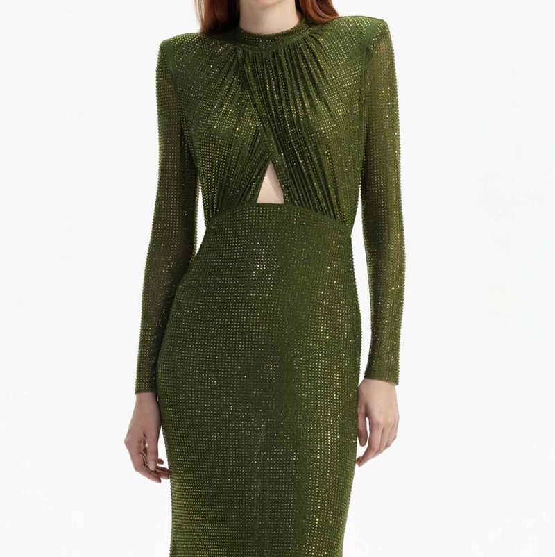 Rent Self Portrait Olive Green Crystal Maxi Dress | Rites London Rent Self Portrait Olive Green Crystal Maxi Dress | Rites London