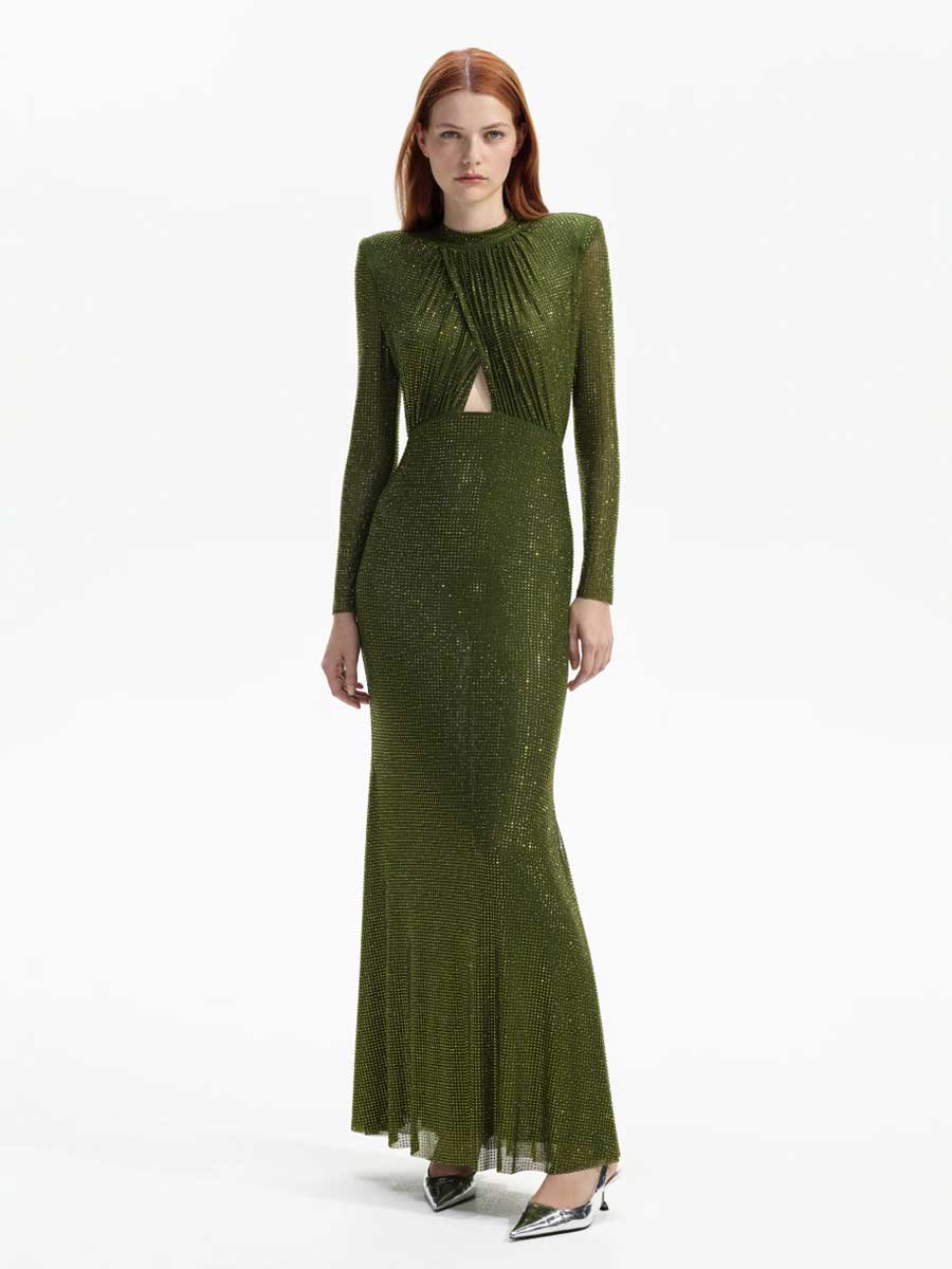 Rent Self Portrait Olive Green Crystal Maxi Dress