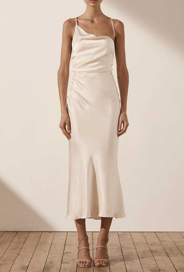 Rent the Shona Joy cream Asymetrical Bias Cowl Midi Dress at Rites