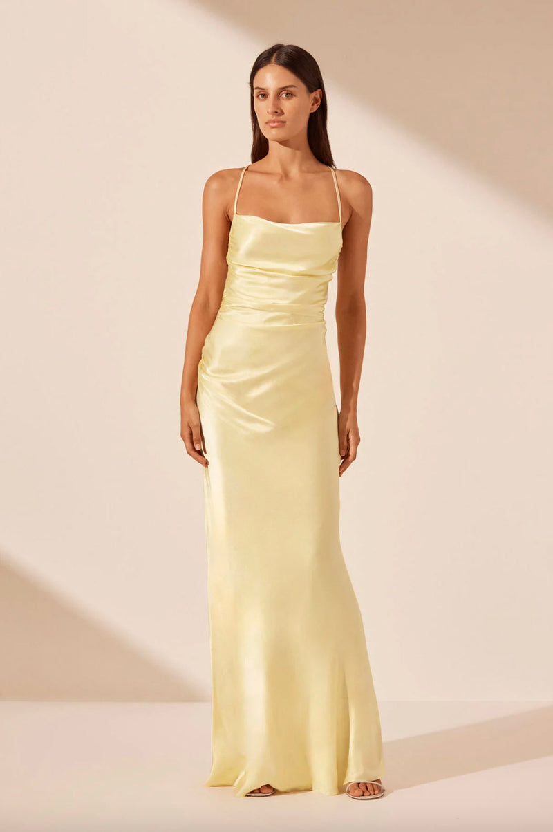 Rent the La Lune Lace Back Maxi Dress in Lemon yellow by Shona Joy at Rites