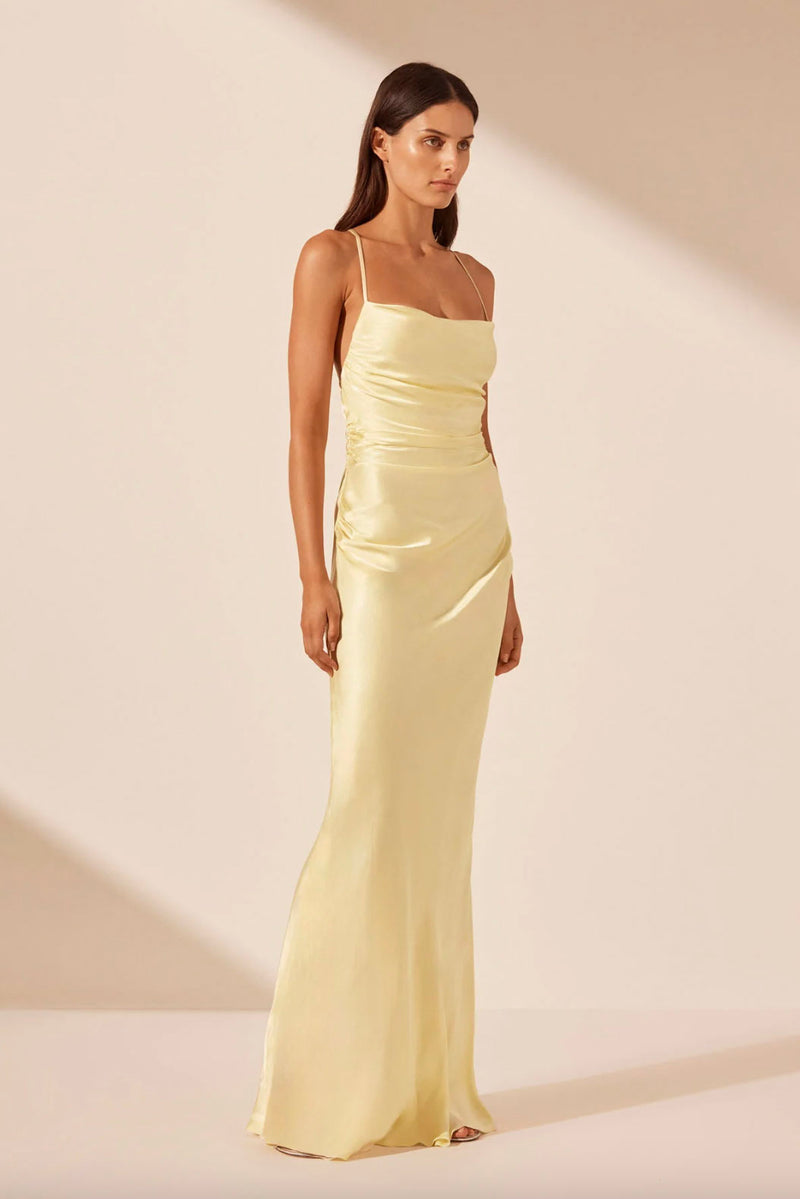 Rent the Shona Joy lemon yellow La Lune Lace Back Maxi Dress at Rites