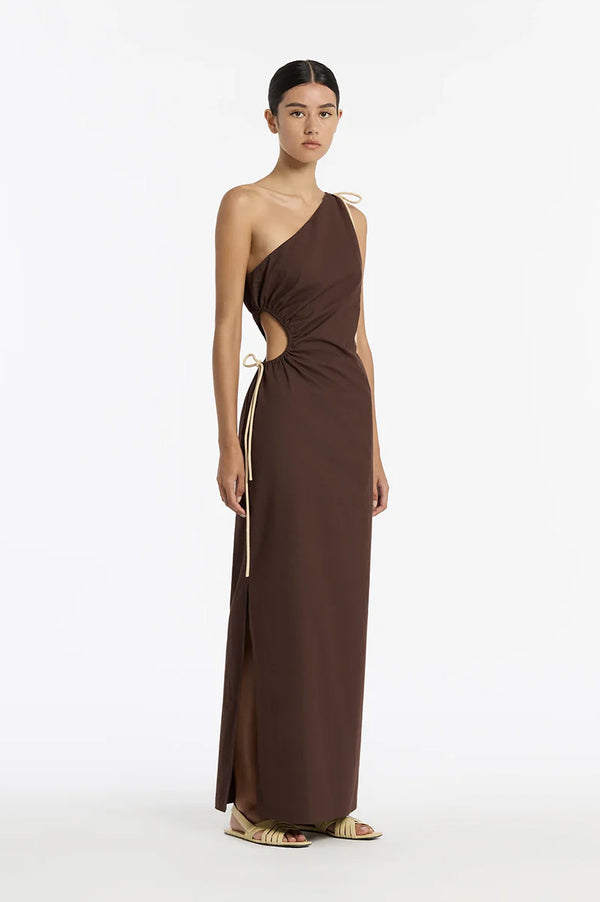 Rent the SIR Jeanne One Shoulder Midi Dress in brown at Rites