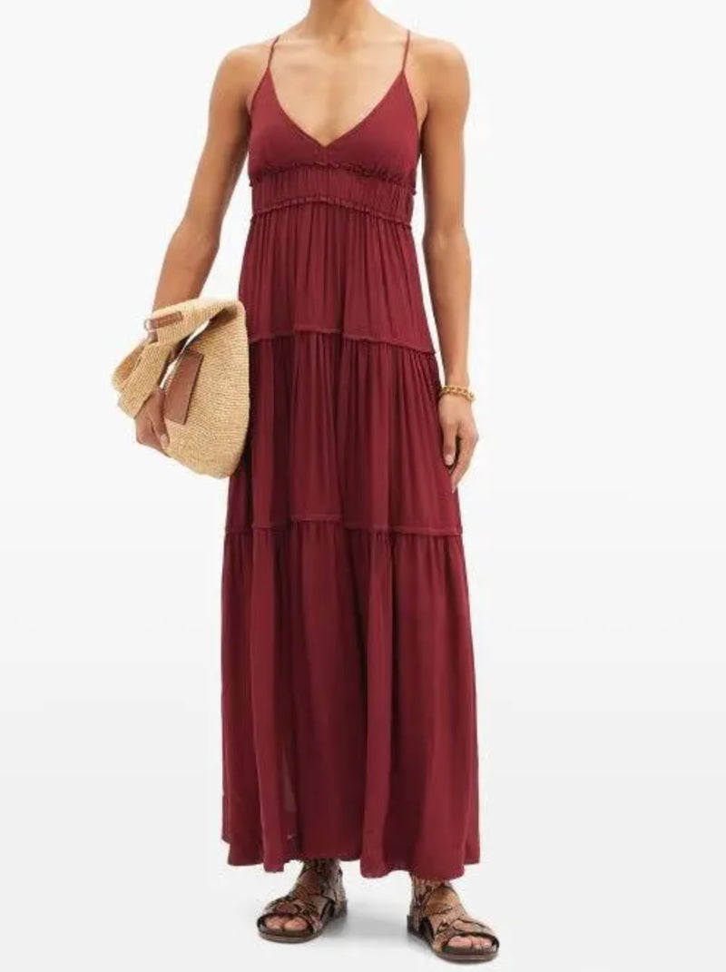 Rent the Chloe Maxi Dress in Ruby silk from Three Graces London