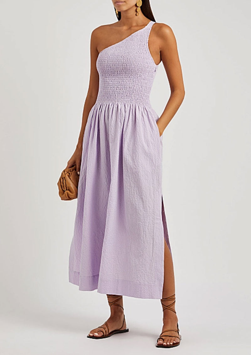 Isa One-Shoulder Dress in lilac from Three Graces London