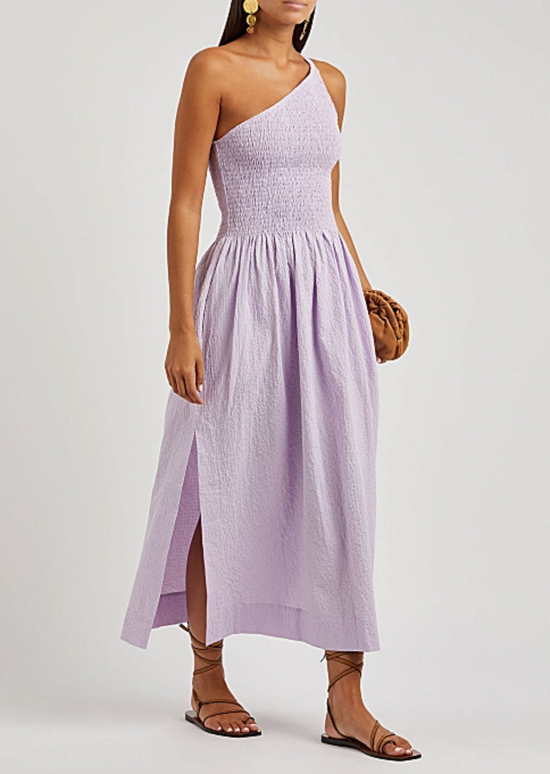 Isa One-Shoulder Dress in lilac from Three Graces London