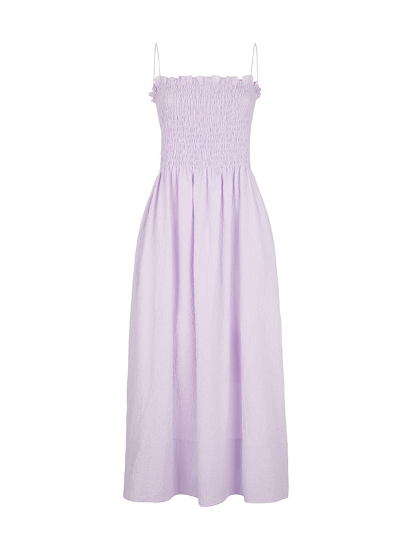 Lena Midi Dress in shirred lilac cotton from Three Graces London
