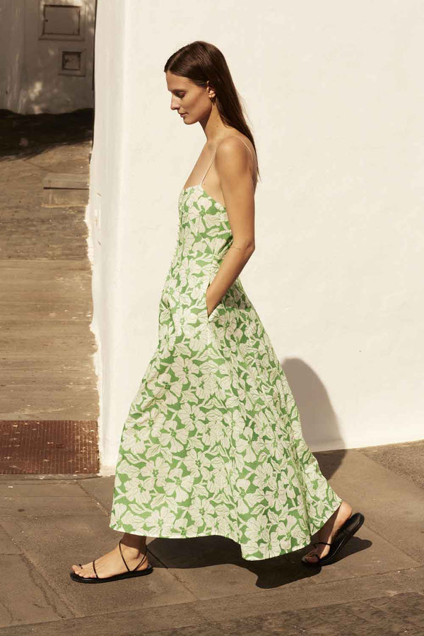 Oonagh Midi Dress in green embroidery from Three Graces London