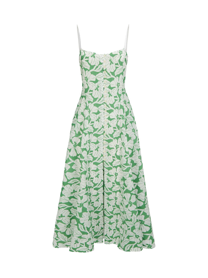 Oonagh Midi Dress in green embroidery from Three Graces London