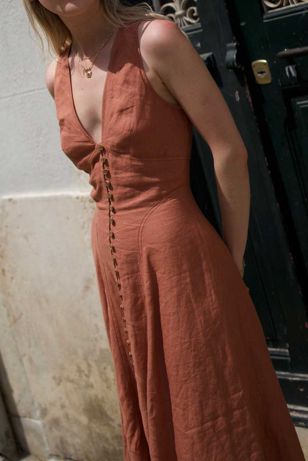 Rent the Rose Dress in Desert linen by Three Graces London