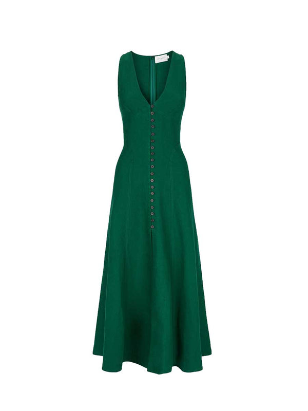 Three Graces Rose Dress in Palm Green Linen
