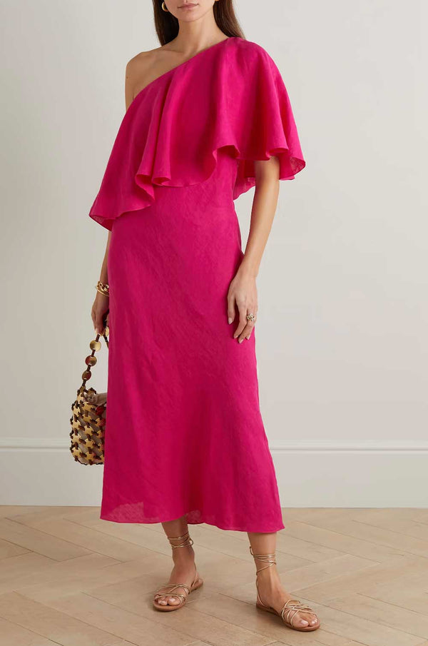 Valentina One Shoulder Dress in magenta linen by Three Graces