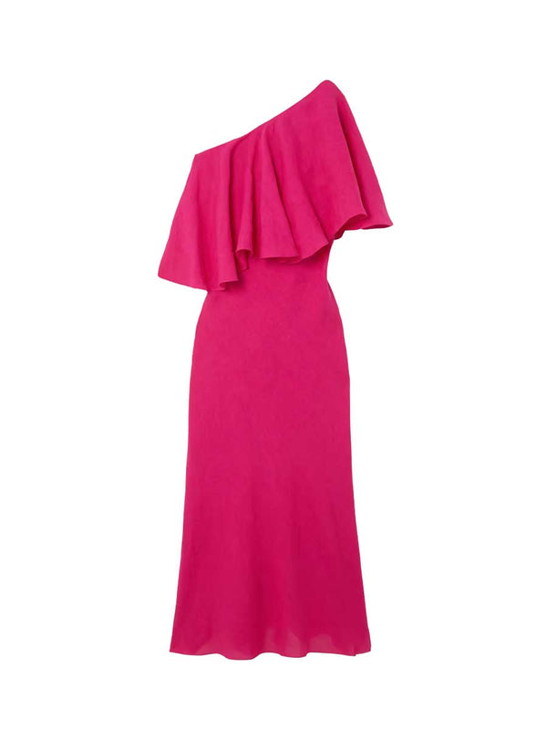 Valentina One Shoulder Dress in magenta linen by Three Graces