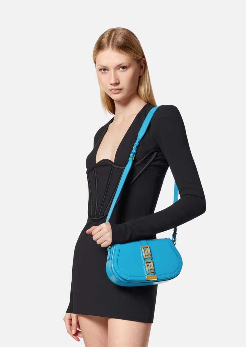 Shop the Greca Goddess Shoulder Bag in blue leather by Versace