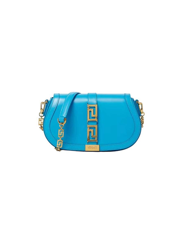 Shop the Greca Goddess Shoulder Bag in blue leather by Versace