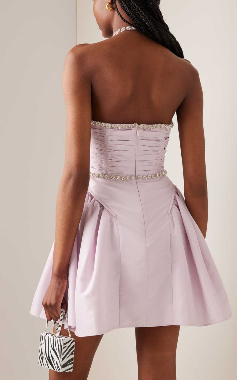 Rent the Self Portrait Lilac Taffeta Mini Dress with diamante crystal trim at Rites