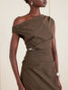 SIR Sol off-shoulder gathered dress in mocha brown, on model
