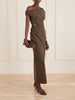 SIR Sol off-shoulder gathered dress in mocha brown, wedding guest dress rental
