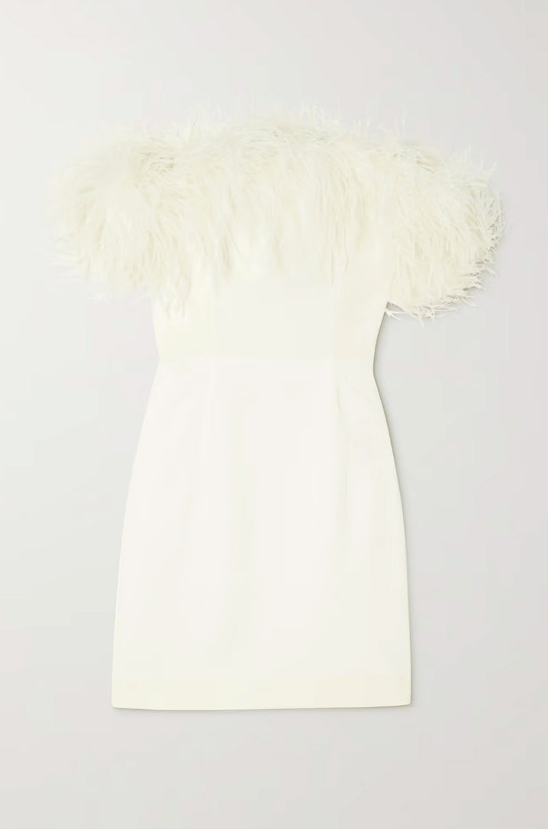 Ava Off-the-Shoulder Feather-Trimmed Mini Dress in ivory crepe by 16Arlington