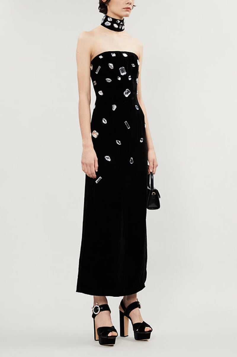 Florence Bejewelled Strapless Dress in black velvet by Rixo
