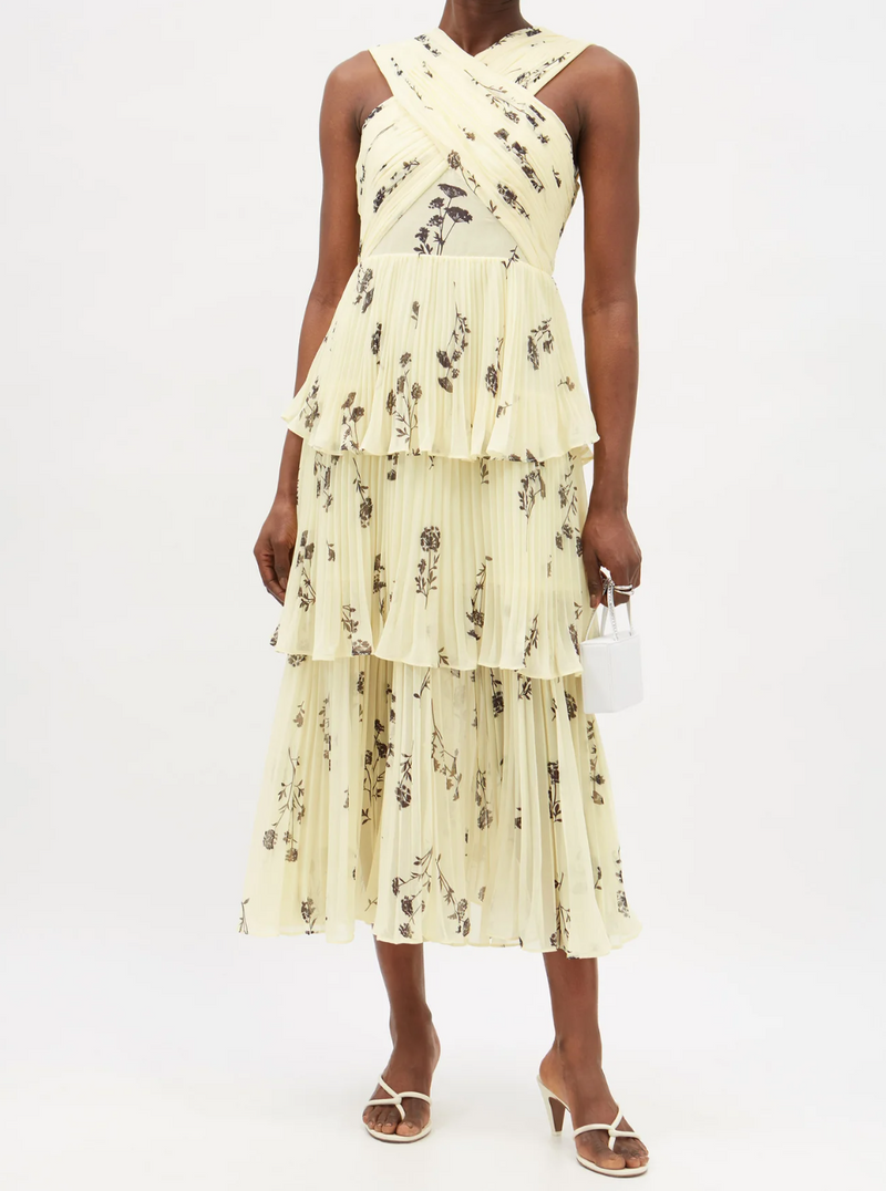 Rent Yellow Crossover Tiered Floral Chiffon Dress by Self Portrait | Rites Rental & Resale Rent Yellow Crossover Tiered Floral Chiffon Dress by Self Portrait | Rites Rental & Resale