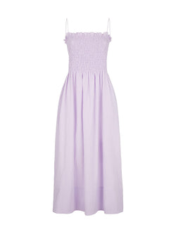 Rent the Lena Midi Dress in shirred lilac cotton from Three Graces London