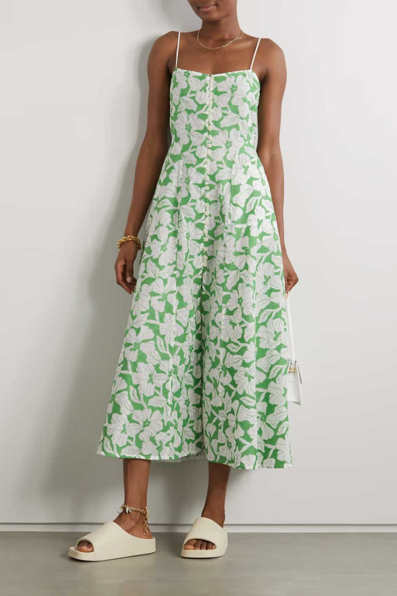 Rent the Oonagh Midi Dress in green embroidery from Three Graces London