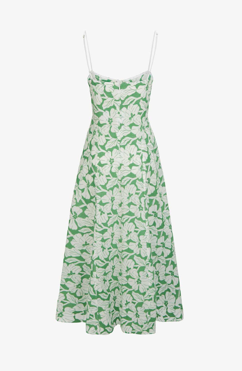 Rent the Oonagh Midi Dress in green embroidery from Three Graces London