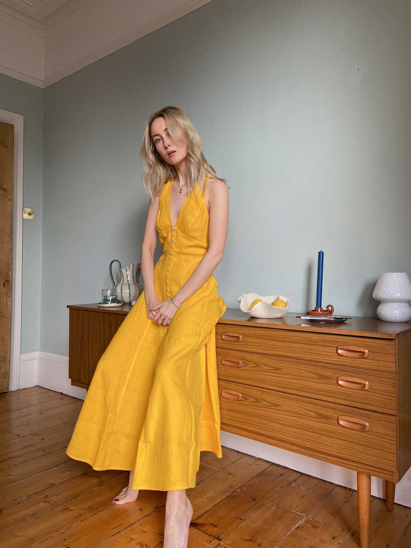 Rent the Rose Dress in sunflower yellow from Three Graces London