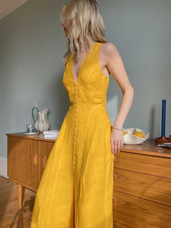 Rent the Rose Dress in sunflower yellow from Three Graces London
